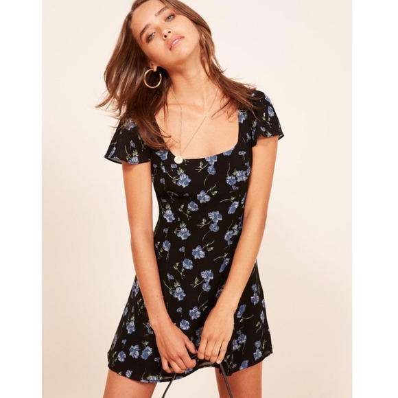 REFORMATION Emery Mini Dress Black Blue Floral Mini Size 2